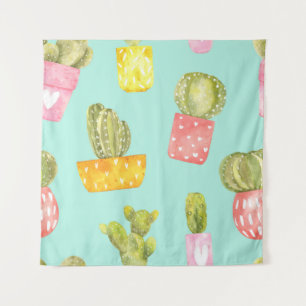 Prickly cactussen in potten, waterverf. wandkleed