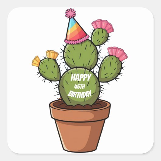 Prickly Pear Cactus in Clay Pot & Verjaardag pet Vierkante Sticker (Voorkant)