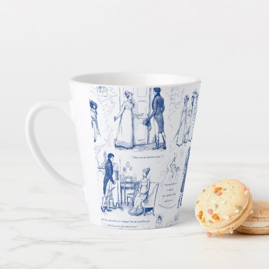 Pride and Prejudice Blue Toile Quotes Latte Mok (In situ)