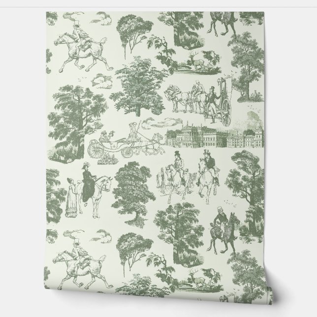 Pride and Prejudice Horses Sage White Toile Behang (Afrollen)