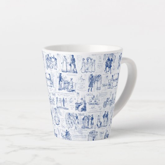 Pride en vooroordelen Blue Toile Quotes Latte Mok (Rechterhoek)