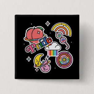 Pride+LGBTQ. Liefde trots. Rainbooghart met bloem Vierkante Button 5,1 Cm