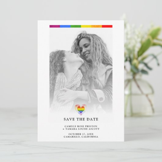 Pride Rainbow Heart Lesbian Wedged Simple Photo Save The Date (Staand voorkant)