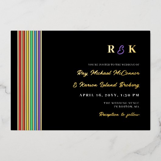 Pride Stripes Monogram Informeel LGBT Bruiloft Folie Uitnodiging (Voorkant)