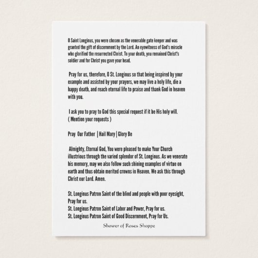 Prière à St. Longinus - Centurion à Crucifixion (Dos)