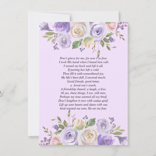 Prière commémorative de Merci de lavande florale (Dos)