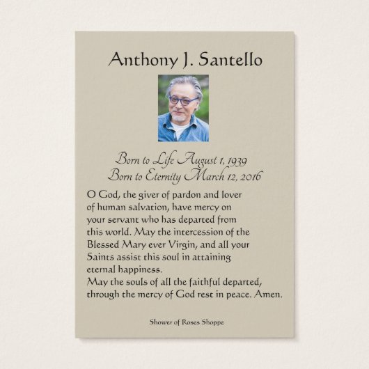 Prière commémorative funéraire catholique Carte Sa (Dos)