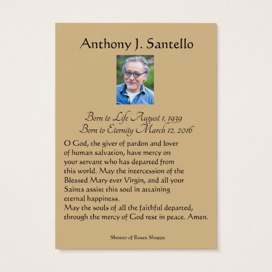 Prière commémorative funéraire catholique Carte Sa (Dos)