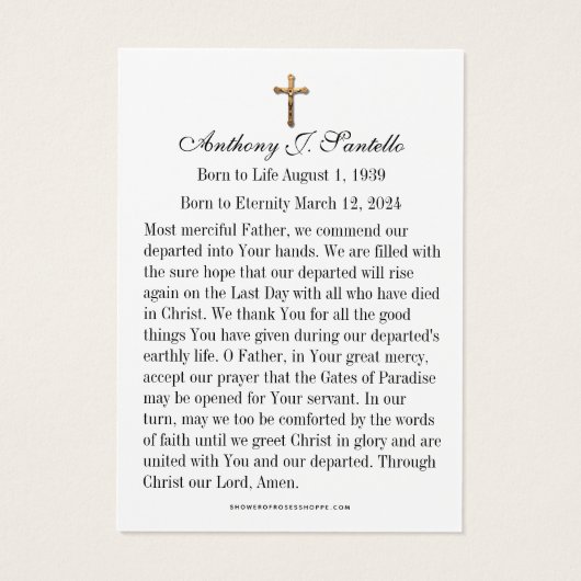 Prière commémorative funéraire catholique Carte Sa (Dos)