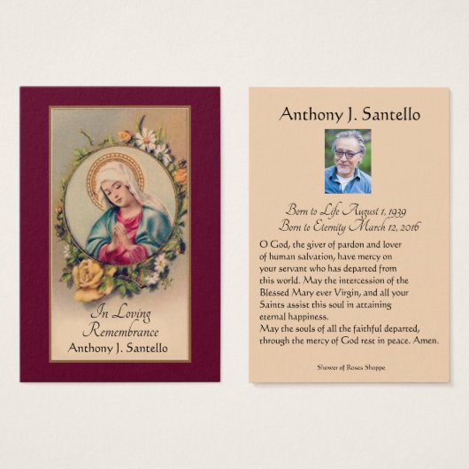 Prière commémorative funéraire catholique Carte Sa (Devant & derrière)