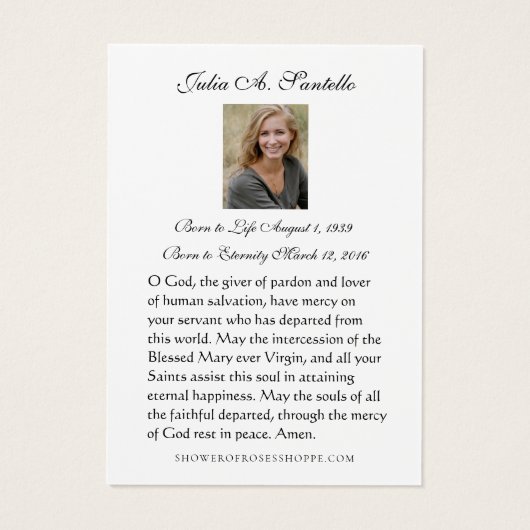 Prière commémorative funéraire catholique Carte Sa (Dos)