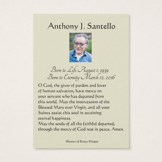 Prière commémorative funéraire catholique Carte Sa (Dos)
