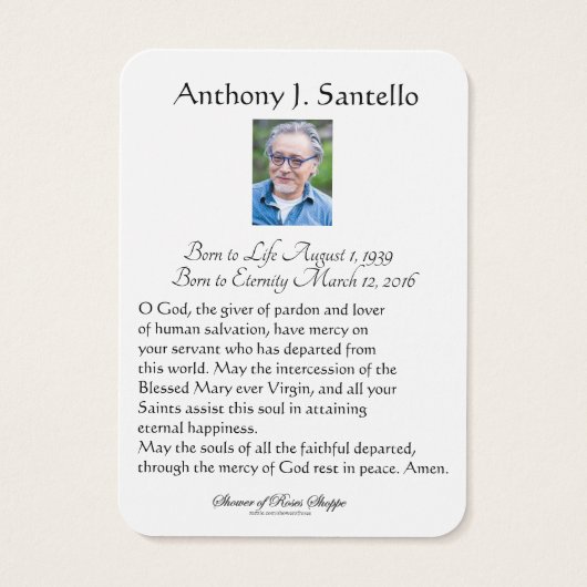 Prière commémorative funéraire catholique Carte Sa (Dos)
