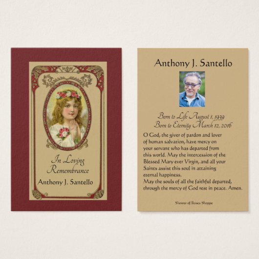 Prière commémorative funéraire catholique Carte Sa (Devant & derrière)