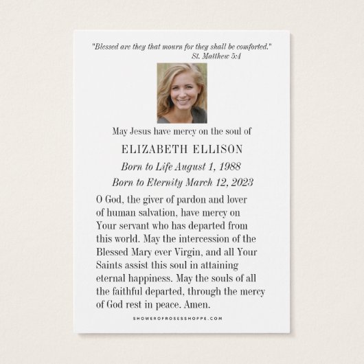 Prière commémorative funéraire Fleurs de Rosaire (Dos)