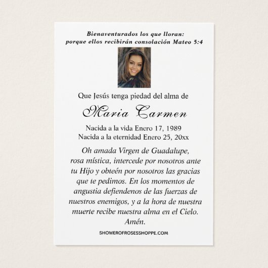 Prière funéraire espagnole Florale Bleue (Dos)