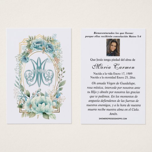 Prière funéraire espagnole Florale Bleue (Devant & derrière)