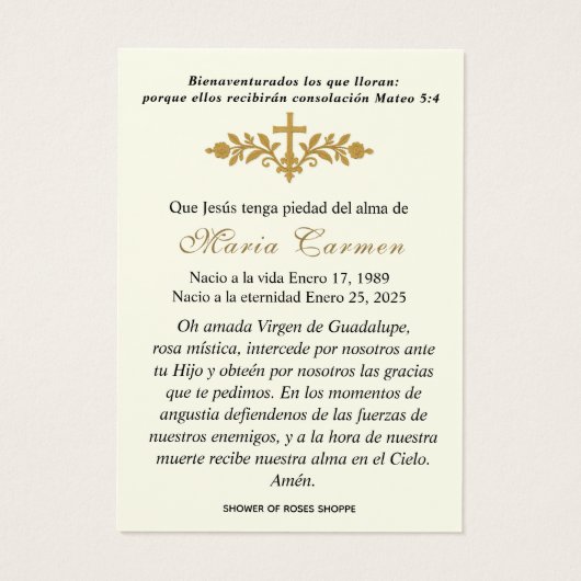 Prière funéraire espagnole Notre-Dame de Guadalupe (Dos)
