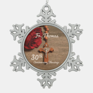 Priest 30th Ordination Jubileum Roos and Rosary Tin Sneeuwvlok Ornament