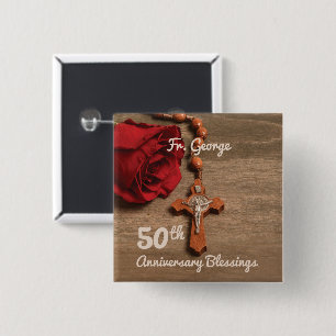 Priest 50th Ordination Jubileum Roos and Rosary Vierkante Button 5,1 Cm