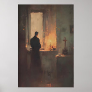 Priester die bidt bij kaarslicht, Christelijke wan Poster