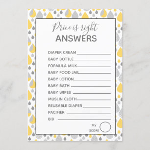 Prijs is rechts games Baby shower grijs / geel Kaart