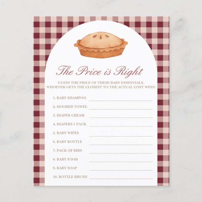 Prijs is Right Cutie Pie Baby shower Game (Voorkant)