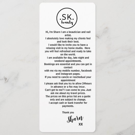 prijslijst delen menu (Achterkant)