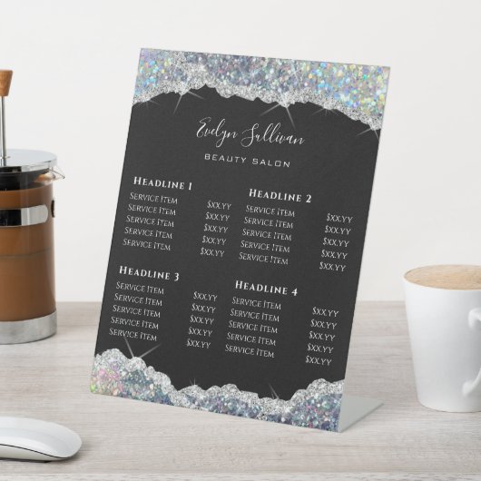 Prijslijst Faux Silver Glitter Sequin Reclamebord Met Voetstuk (Insitu)