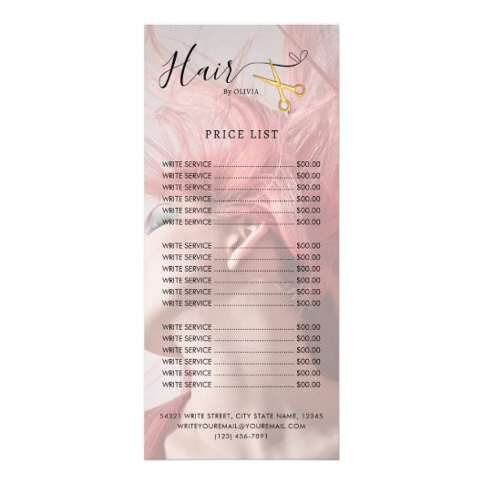 Prijslijst Gouden Schaar Roze voor Kapsalon Reclamekaart (Voorkant)