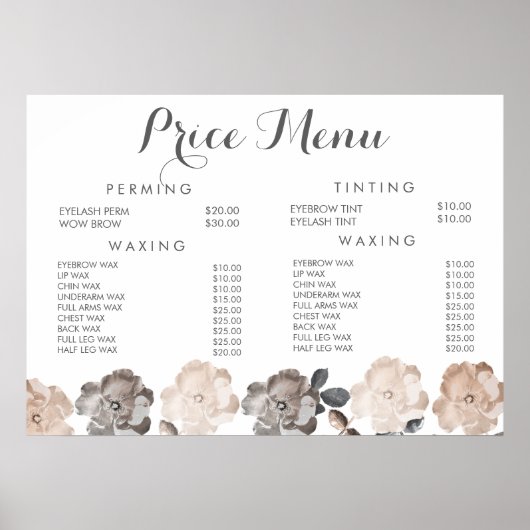 Prijslijst haar schoonheidssalon kapper menu poste poster (Voorkant)