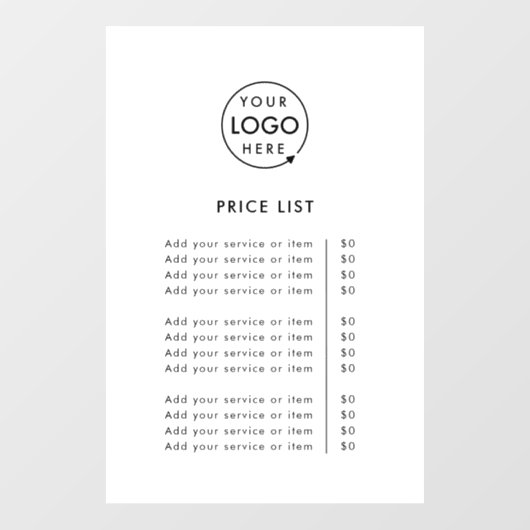 Prijslijst | Logo Zakelijk Modern Professioneel Raamsticker (Vel)