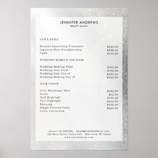 Prijslijst met moderne zilver Glitter Salon Poster (Voorkant)