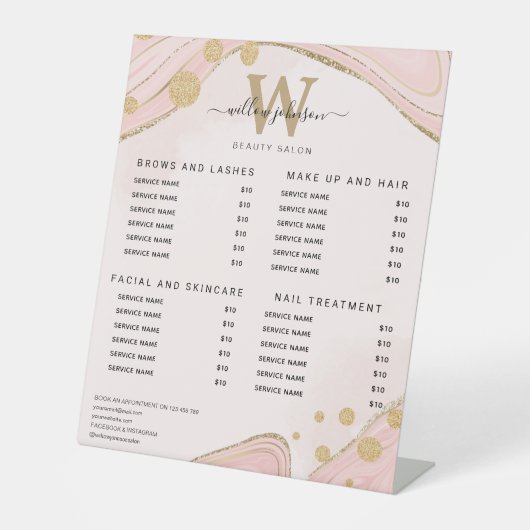 Prijslijst van legant monogram roze goudmarmer reclamebord met voetstuk (Voorkant)
