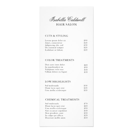 Prijslijst voor elegante zwarte en witte haarzalm reclamekaart (Voorkant)