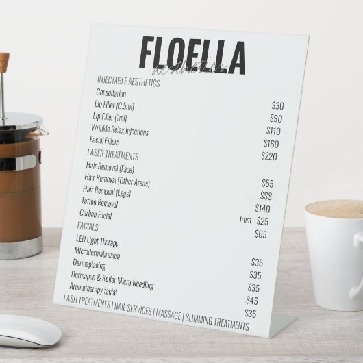 Prijslijst Witte esthetica Salon Services Reclamebord Met Voetstuk (Insitu)