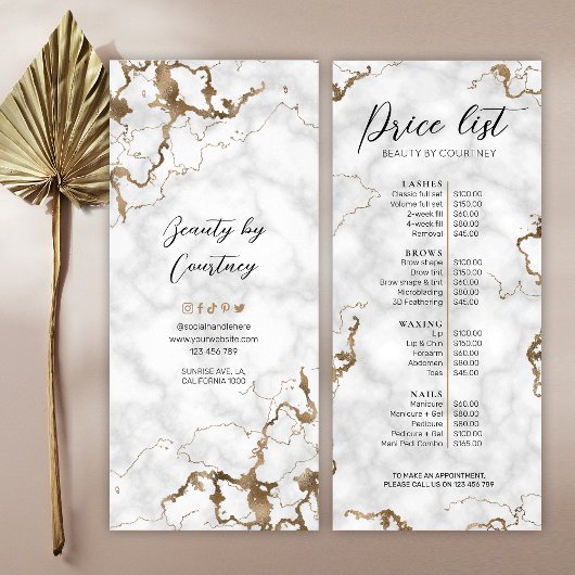 Prijslijstmenu Marble Faux Gold Script Font Salon Reclamekaart