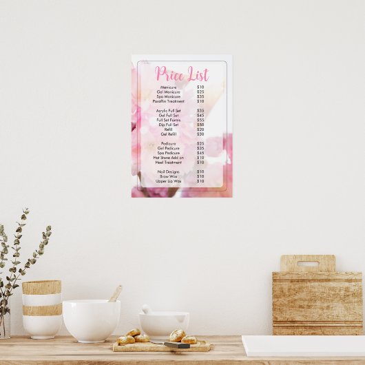 Prijslijstmenu Roze Bloemensalon Poster (Keuken)