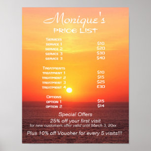 Prijzenlijst van Sunrise spa- en salonservices Poster