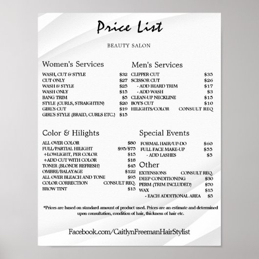 Prijzenlijst Vintage Schoonheidssalon Poster (Voorkant)