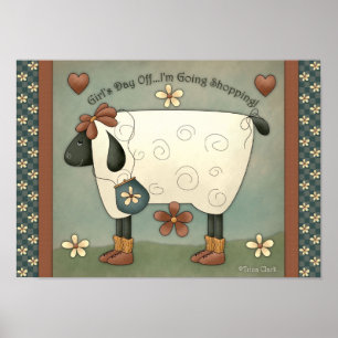 Prim Country Whimsical Sheep Poster