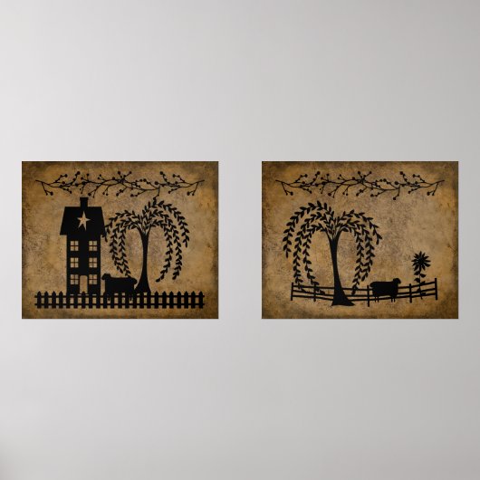 Prim Salt Box House Willow Tree Sheep Pip Berries Muurkunst Sets (Voorkant)