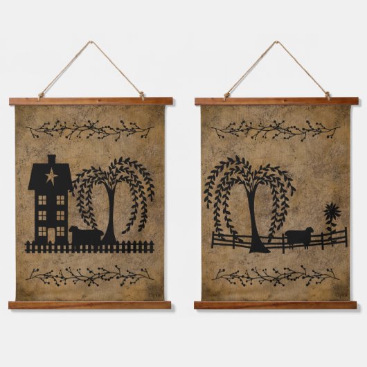Prim Saltbox House Willow Tree Sheep Hangend Wandkleed (Dubbel)