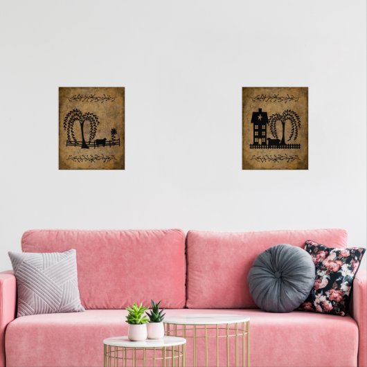 Prim Saltbox House Willow Trees and Sheep (Salon)