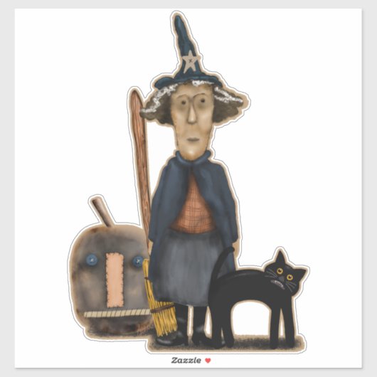 Prim Witch met bezem Pompoen Kat Schattige Hallowe Sticker (Vel)