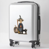 Prim Witch met bezem Pompoen Kat Schattige Hallowe Sticker (Koffer)