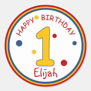Primaire kleuren Happy Birthday Number 1 Ronde Sticker