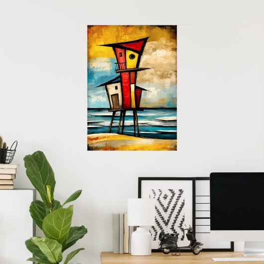 Primal Watch — Abstract Expressionist Beach Tower Poster (Thuiskantoor)
