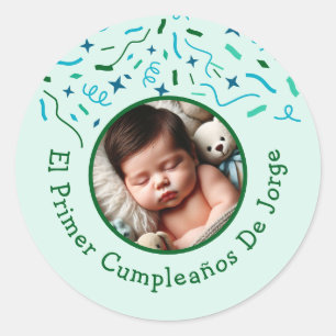 Primer Cumpleaños de Bebé Fiesta Infantil Con Foto Ronde Sticker
