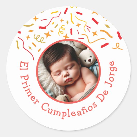 Primer Cumpleaños de Bebé Fiesta Infantil Con Foto Ronde Sticker (Voorkant)